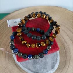 3 bracelets perles 8 mm en pierres naturelles Oeil de Tigre / Pierre de Lave/ Pyrite Lapis Lazuli