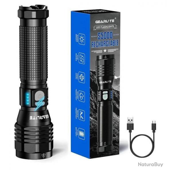 Lampe Torche 10000 Lumens Led Rechargeable USB tanche Ultra Lumineuse  Zoom Pche Camping Randonne