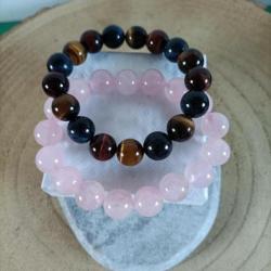 2 bracelets perles 12 mm en pierres naturelles 3 OEILS ( Tigre  , Taureau , Faucon ) /Quartz rose
