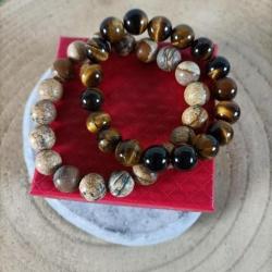2 bracelets perles 10 mm en pierres naturelles Oeil de Tigre / jaspee Paysage( promo de Noel  )