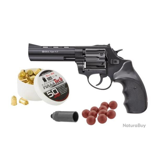 Pack dfense REVOLVER VIPER 4.5'' + Munitions + Embout Self Gomm - NOIR/BLACK 9MM R