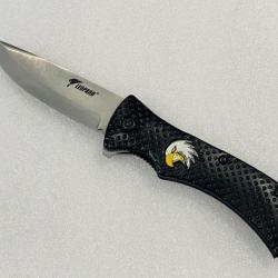 Couteau de poche sécurité Léopard manche métal avec aigle.