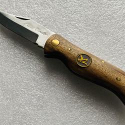 Couteau de poche avec manche bois de palissandre et motif canard.
