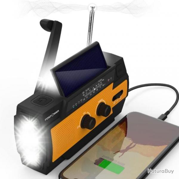 Radio d'Urgence Mto Solaire 4000mAh AM/FM Manivelle Piles Chargeur de Batterie Portable Orange