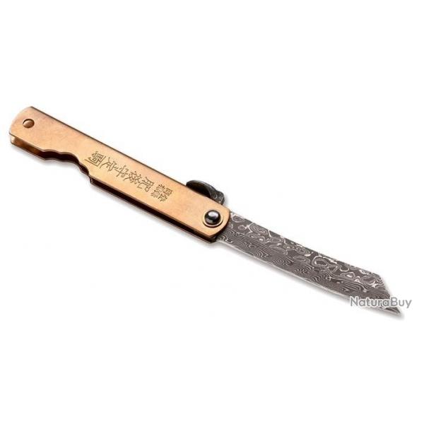 Couteau fermant Boker Higonokami kinzoku damascus or manche cuivre lame 7,5cm