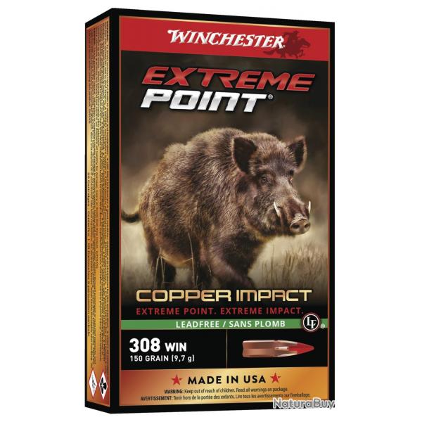 Boite de 20 cartouches Winchester Extrme point lead free cal. 308 win 150gr 9,72G