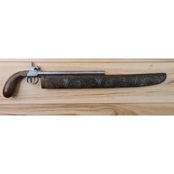 Très original: Beau pistolet dague de vénerie, à percussion, fourreau en bois sculpté