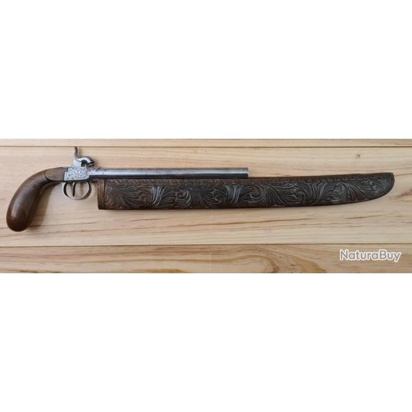 Trs original: Beau pistolet dague de vnerie,  percussion, fourreau en bois sculpt