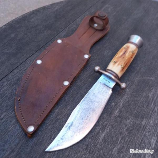 Ancien et Beau Couteau de Chasse SABATIER Manche en Bois de cerf avec tui en cuir