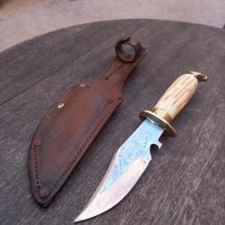 Magnifique Couteau de Chasse ARTISANAL ESPAGNOLE Tete de Loup Manche en OS avec Étui en cuir
