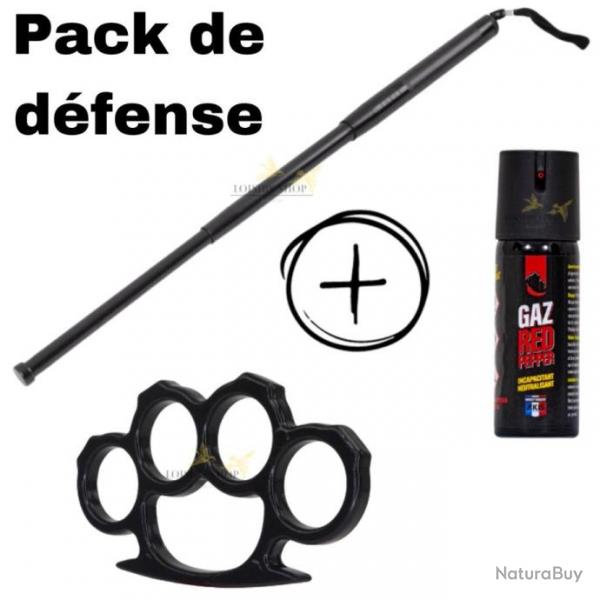 Pack de dfense : Bombe lacrymogne au poivre + matraque tlescopique 50cm + poing amricain