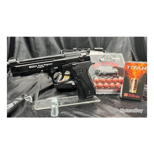 Pack dfense - Pistolet FIRAT MAGNUM Noir- 9mm PAK + 50 Munitions balles  Blanc + Embout Self Gomme