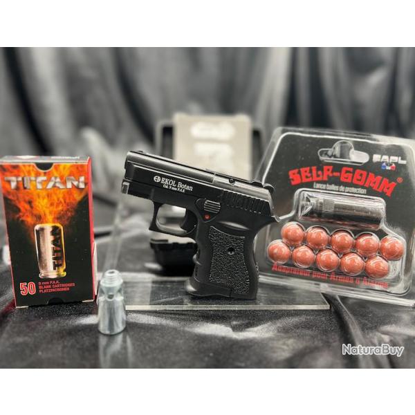 Pistolet BOTAN Noir 9MM PAK + 50 Munitions + Embout Self Gomme