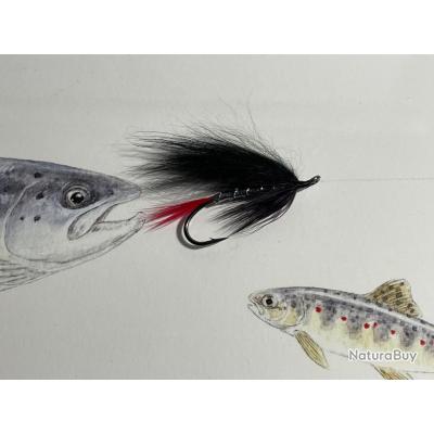 Ancienne Mouche De Pêche Saumon - Coq Noir Et Crochet Japonais - Vintage Environ 3,8 Cm