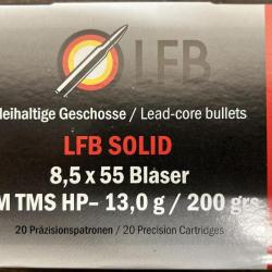 Munitions LFB calibre 8,5x55 Blaser SM TMS HP 13,0 g. boite de 20 munitions