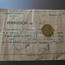 12 ème  BATAILLON PARACHUTISTE DE CHOC PERMISSION DE LA NUIT CALVI CORSE 1957 COMMANDO