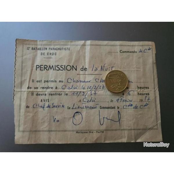 12 me  BATAILLON PARACHUTISTE DE CHOC PERMISSION DE LA NUIT CALVI CORSE 1957 COMMANDO