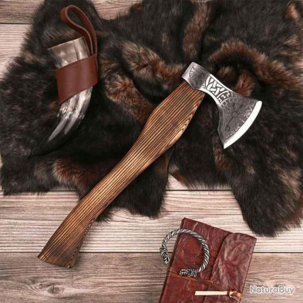 Grosse Hache Nordic Fenrir Viking Axe Lame Acier Carbone Manche Bois Etui Cuir Artisanat PA882458