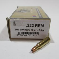 Boite 20 cartouches sologne subsonique 222 remington 45 grains hollow point