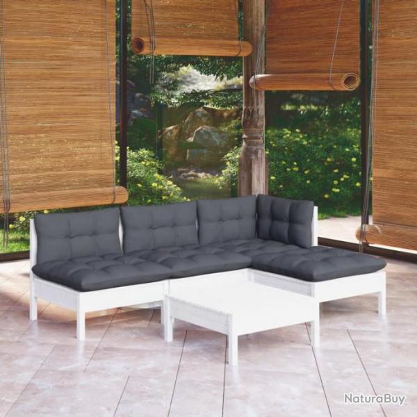 Salon de jardin 5 pcs avec coussins blanc bois de pin