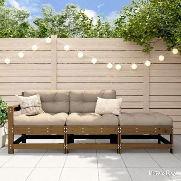 Salon de jardin 3 pcs avec coussins marron miel bois massif