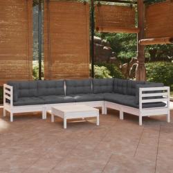 Salon de jardin 7 pcs avec coussins blanc bois de pin solide