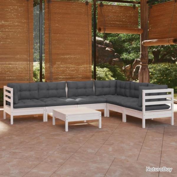 Salon de jardin 7 pcs avec coussins blanc bois de pin solide