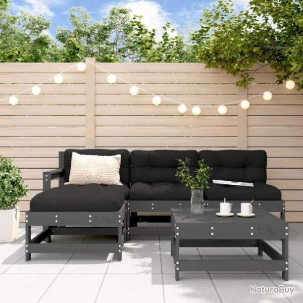 Salon de jardin 5 pcs avec coussins gris bois massif