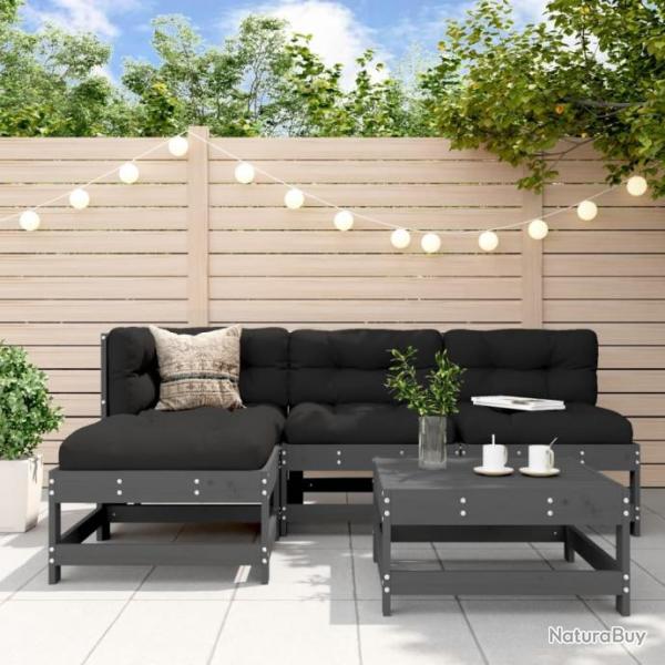 Salon de jardin 5 pcs avec coussins gris bois massif