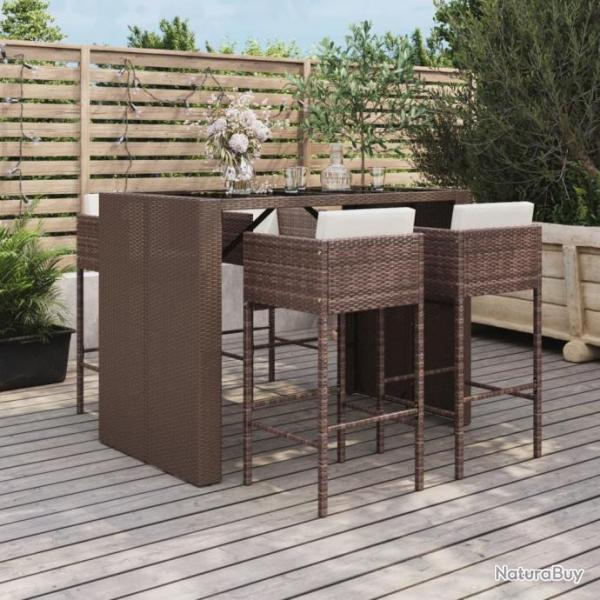 bar de jardin avec coussins 5 pcs marron poly rotin