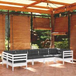 Salon de jardin 7 pcs avec coussins blanc bois de pin