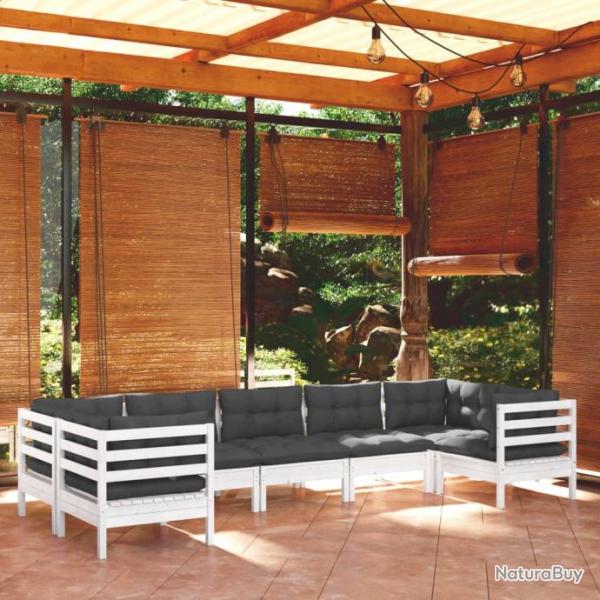 Salon de jardin 7 pcs avec coussins blanc bois de pin