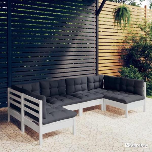 Salon de jardin 6 pcs avec coussins blanc bois de pin solide