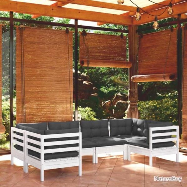 Salon de jardin 6 pcs avec coussins blanc bois de pin