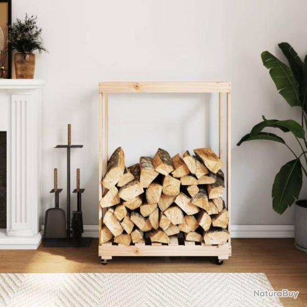 Porte-bches avec roulettes 76,5x40x108 cm bois massif de pin