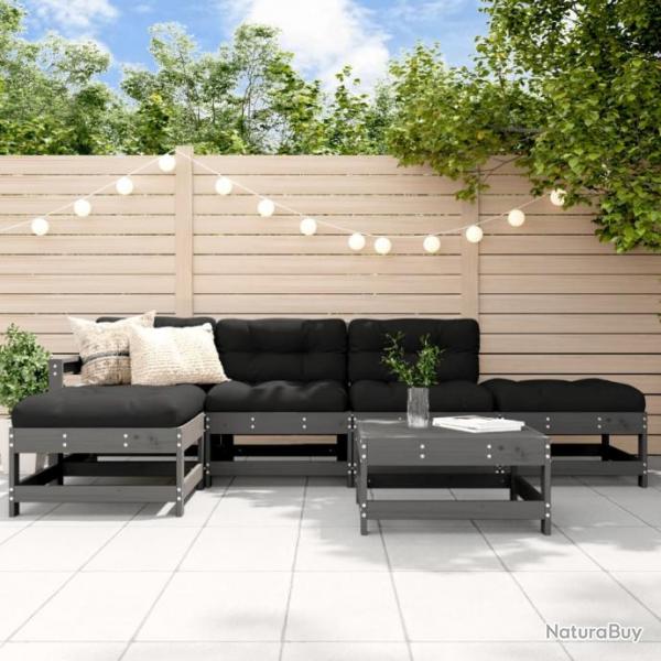 Salon de jardin 6 pcs avec coussins gris bois massif