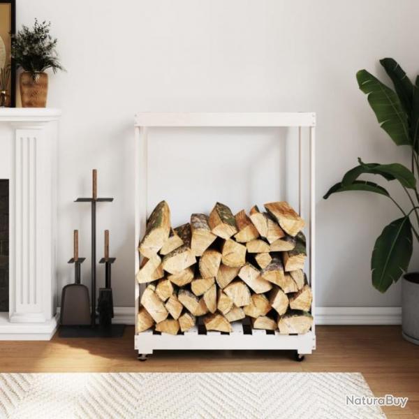 Porte-bches avec roulettes blanc 76,5x40x108cm bois massif pin