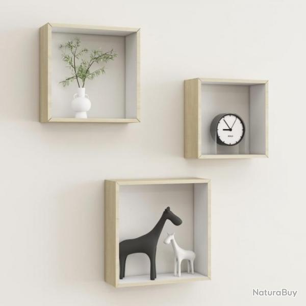 tagres murales sous forme de cube 3 pcs Blanc et chne sonoma