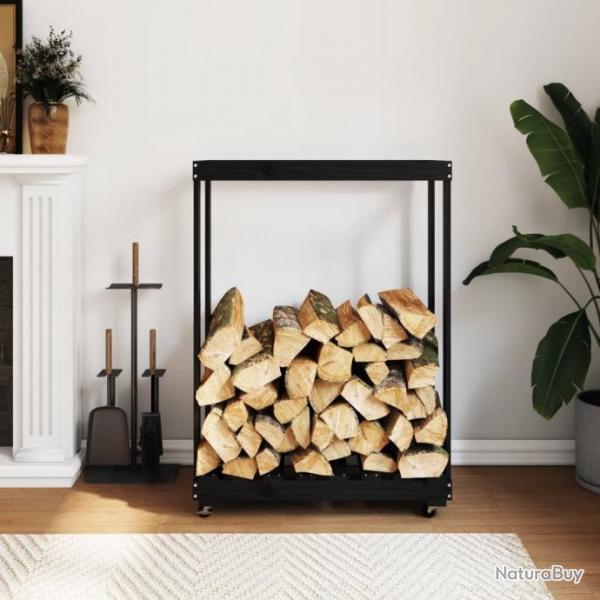 Porte-bches avec roulettes noir 76,5x40x108 cm bois massif pin