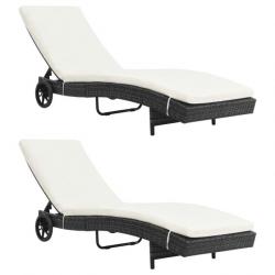 Chaises longues 2pcs avec roues et coussins Résine tressée Noir