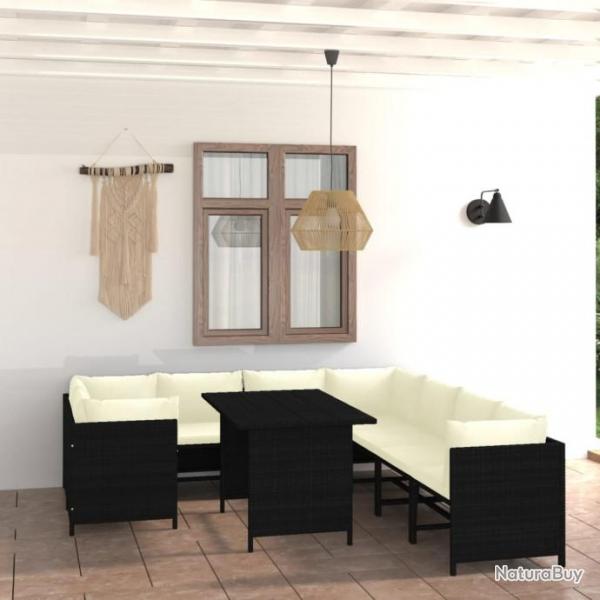 Salon de jardin 9 pcs avec coussins Rsine tresse Noir