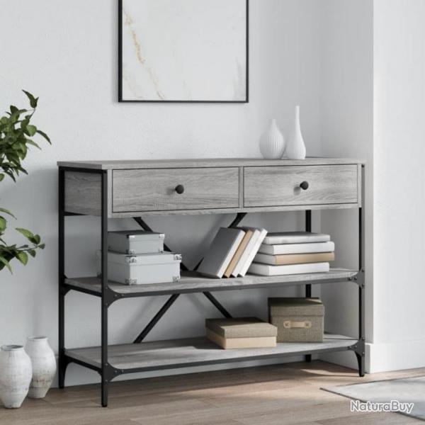 Table console avec tiroirs et tagres gris bois d'ingnierie