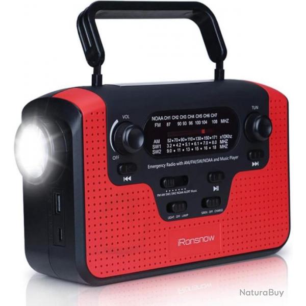 Radio d'Urgence Mto Solaire AM/FM avec Lecteur MP3 Batterie 2300mAh Portable Lampe LED Manivelle