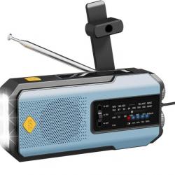 Radio Solaire d'urgence Météo AM/FM Manivelle Batterie 2000mAh Alarme SOS Portable Lampe LED Bleu