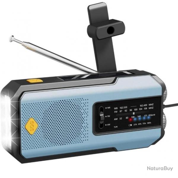 Radio Solaire d'urgence Mto AM/FM Manivelle Batterie 2000mAh Alarme SOS Portable Lampe LED Bleu
