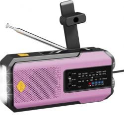 Radio Solaire d'urgence Météo AM/FM Batterie 2000mAh Manivelle Alarme SOS Portable Lampe LED Rose