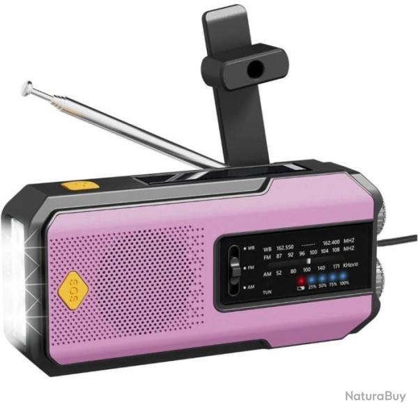 Radio Solaire d'urgence Mto AM/FM  Manivelle Batterie 2000mAh Alarme SOS Portable Lampe LED Rose