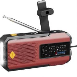 Radio Solaire d'urgence Météo AM/FM  Manivelle Batterie 2000mAh Alarme SOS Portable Lampe LED Rouge