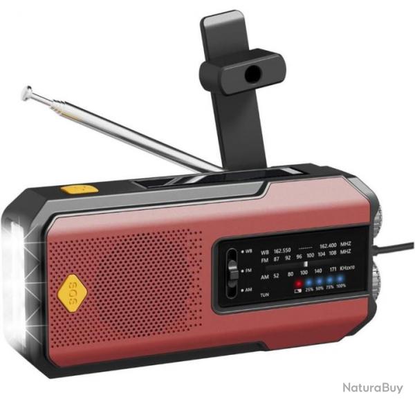 Radio Solaire d'urgence Mto AM/FM  Manivelle Batterie 2000mAh Alarme SOS Portable Lampe LED Rouge