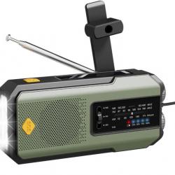 Radio Solaire d'urgence Météo AM/FM  Batterie 2000mAh Manivelle Alarme SOS Portable Lampe LED Vert